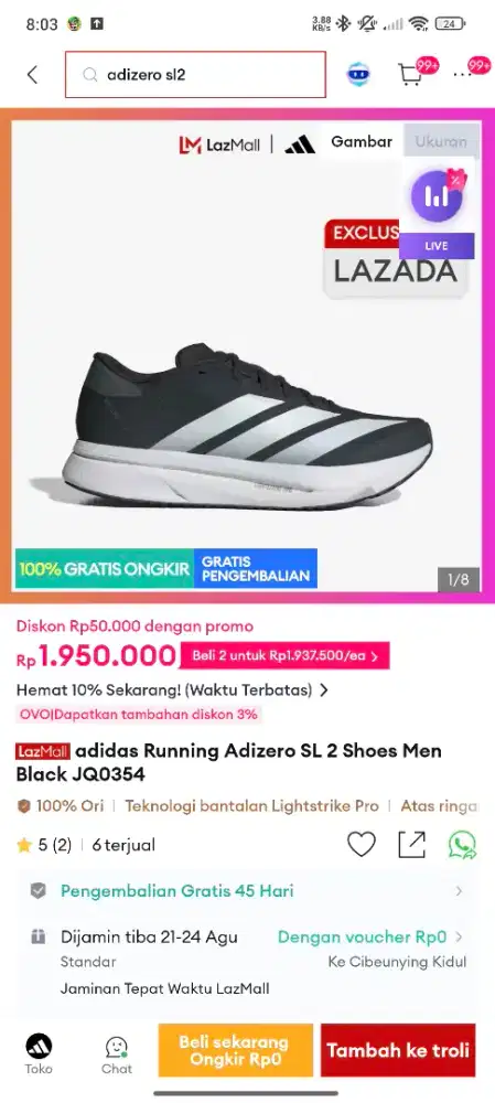 BRAND NEW SEPATU RUNNING ADIDAS ADIZERO SL2 ORIGINAL