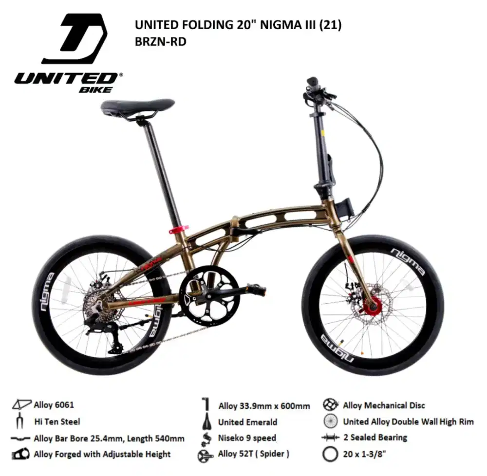 Sepeda Lipat United 20inch Nigma III alloy 9speed Disc Brake