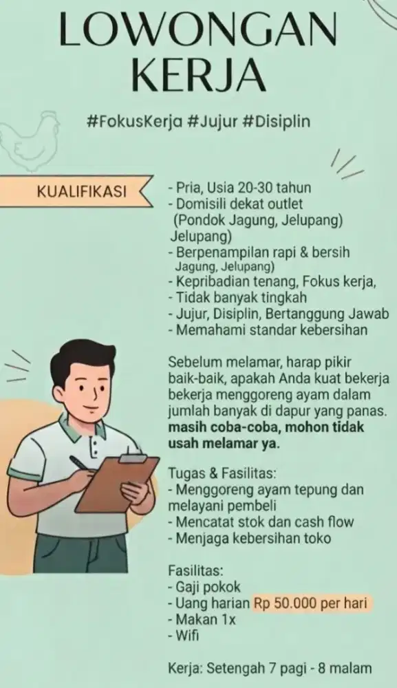 Dibutuhkan 1 orang laki2 untuk memasak & melayani pembeli ayam tepung