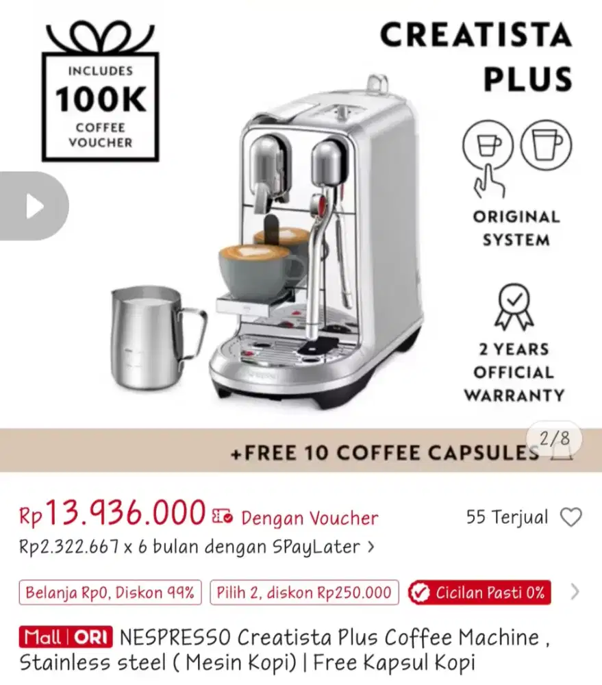 Nespresso Creatista Plus Coffee Machine Stainless Steel Kondisi 99%