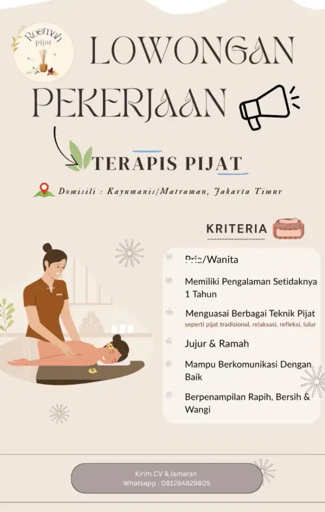 Lowongan kerja terapis dibutuhkan wanita