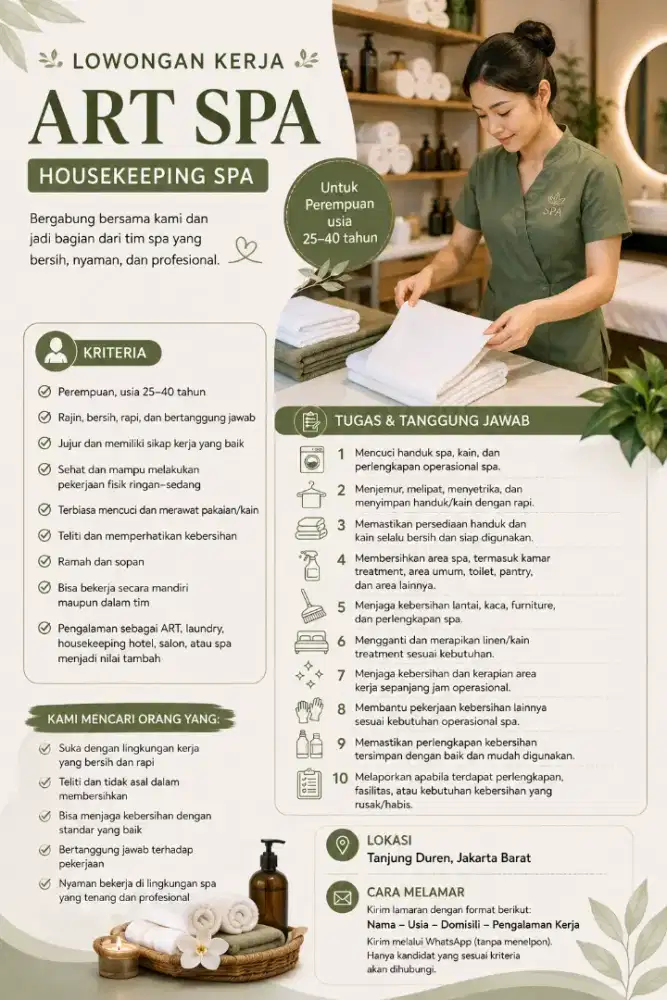 Dicari ART SPA di Tanjung Duren, Jakbar