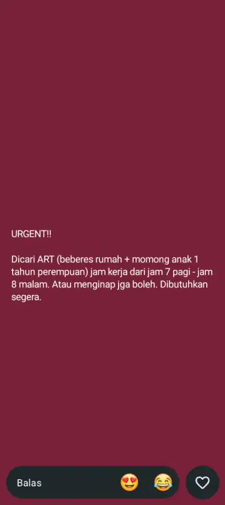 Urgent!! Art & Jaga anak 1 tahun