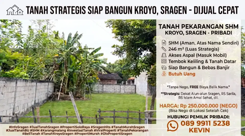 Dijual Murah Tanah Pekarangan Strategis SHM Kroyo Karangmalang Sragen