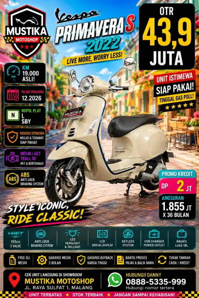 Primavera S igets ABS 2022. KM 19Rb. DANNY Mustika Motor Sulfat
