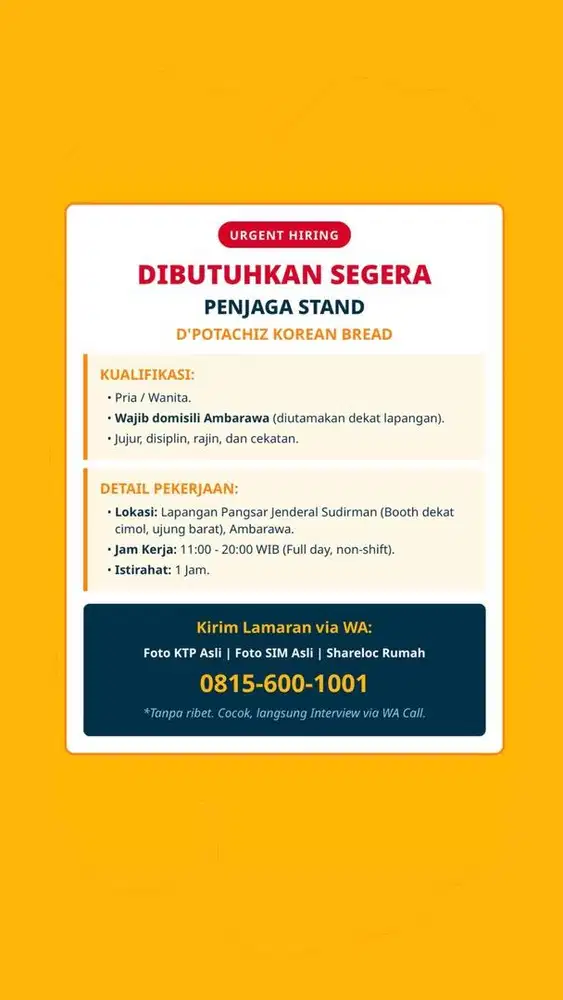 Lowongan Penjaga Stand D'Potachiz Ambarawa