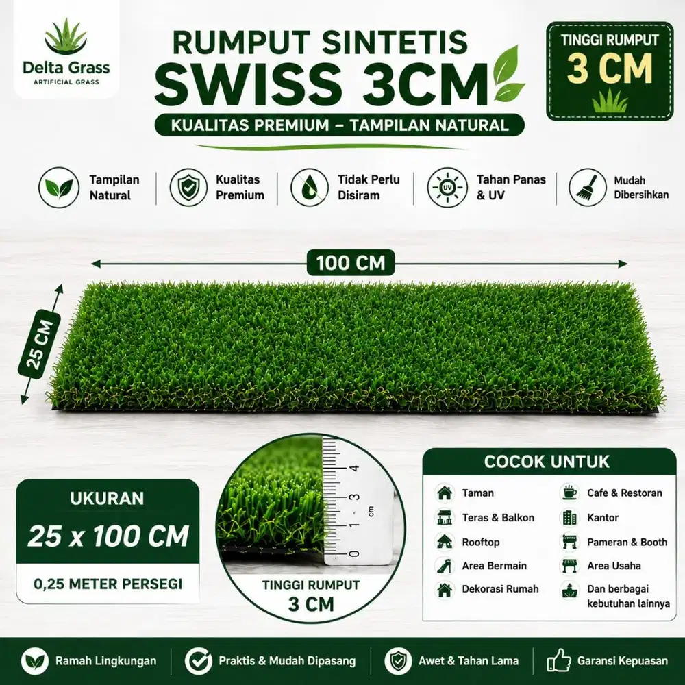 Rumput Sintetis Swiss 3CM Ukuran 25x100 CM | Artificial Grass Premium