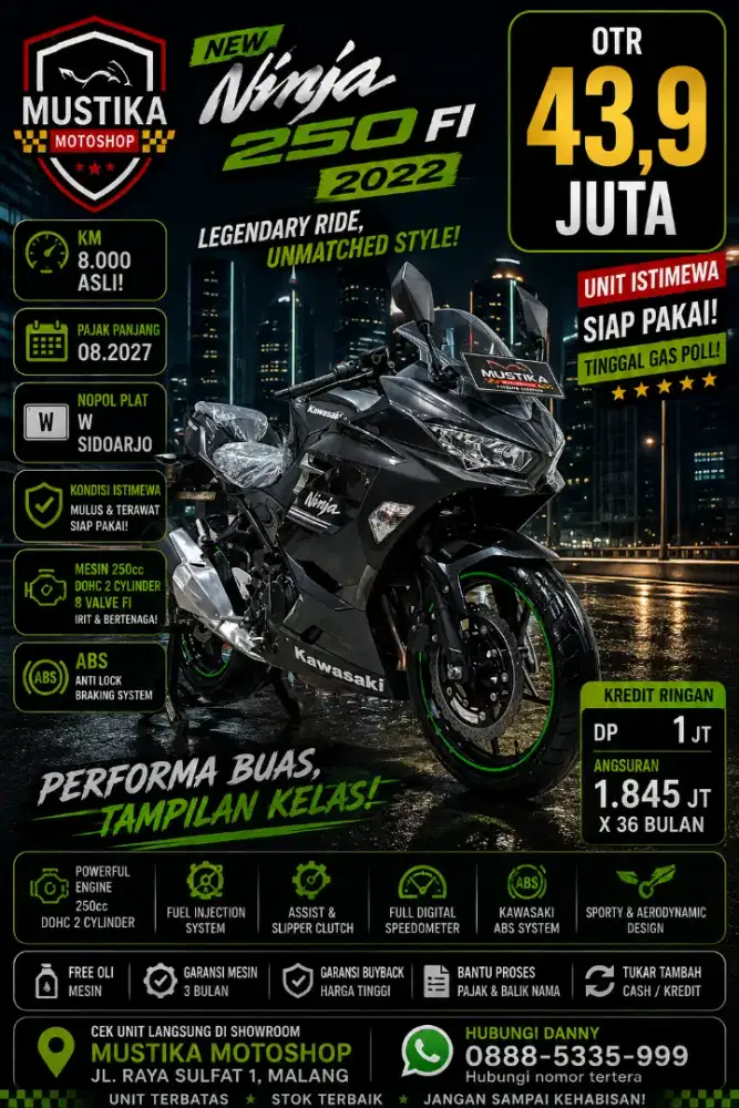 KM 8rb‼️Kawasaki Ninja 250 FI 2022 Black. DANNY Mustika Motor Sulfat