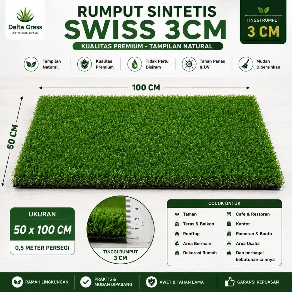 Rumput Sintetis Swiss 3CM 50x100 CM | Artificial Grass Swiss Premium