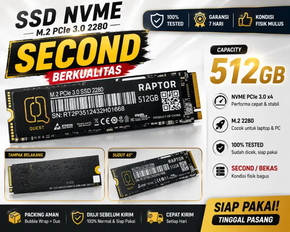 SSD 512GB NVMe RAPTOR M.2 2280 | Second Berkualitas | Siap Pakai