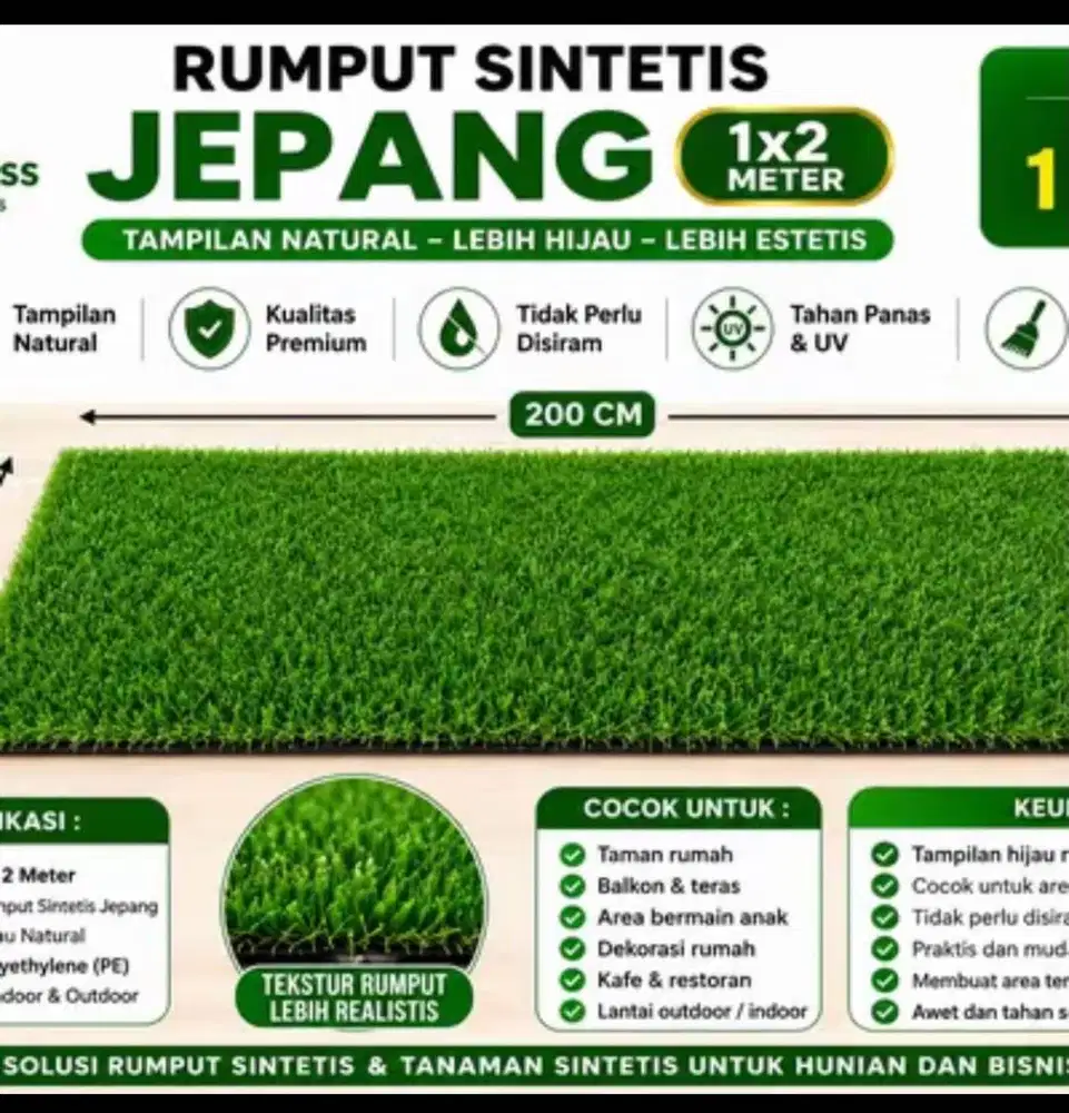 Rumput Sintetis Jepang 1x2M Rumput Artificial Hijau Natural