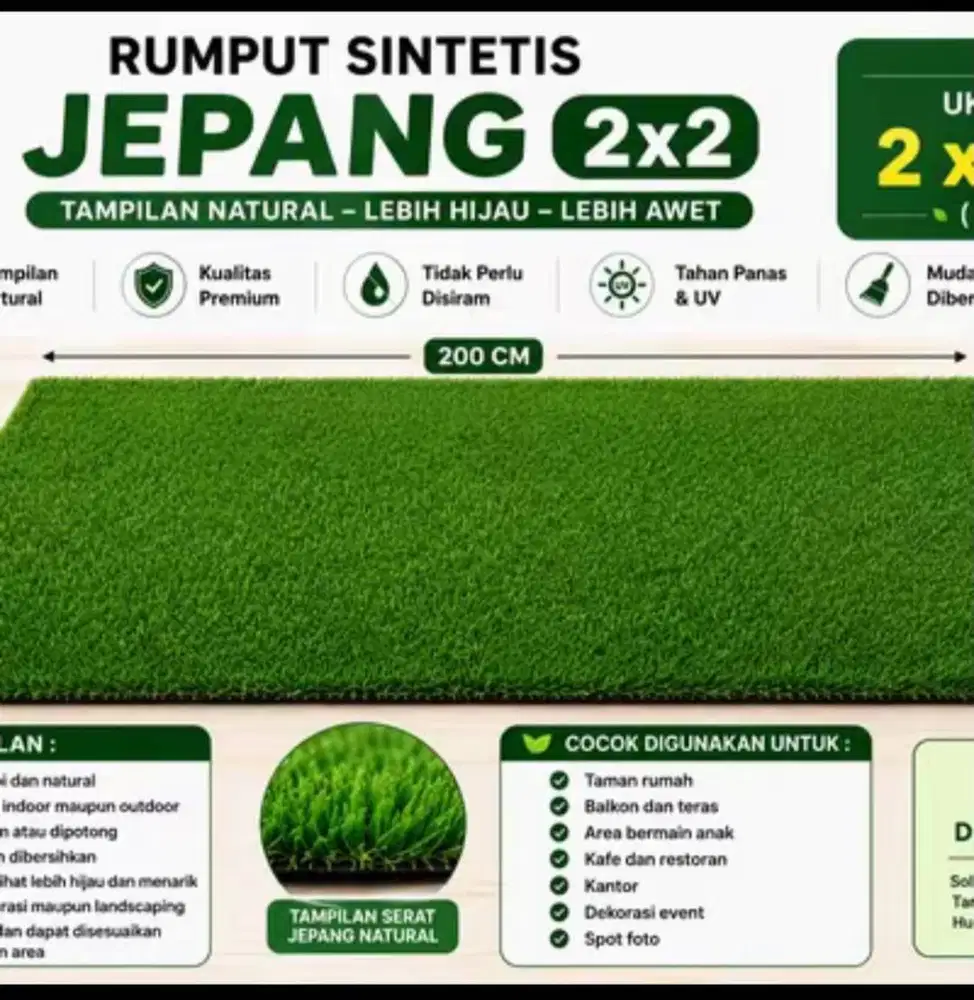 Rumput Sintetis Jepang 2x2M | Artificial Grass Hijau Natural | Rumput