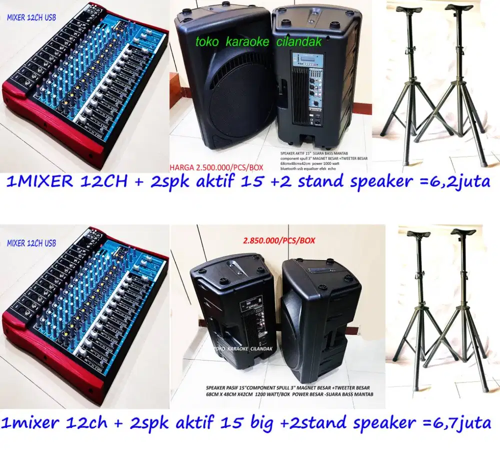 paket mixer dan speaker pasif 15 inch = 2 stand