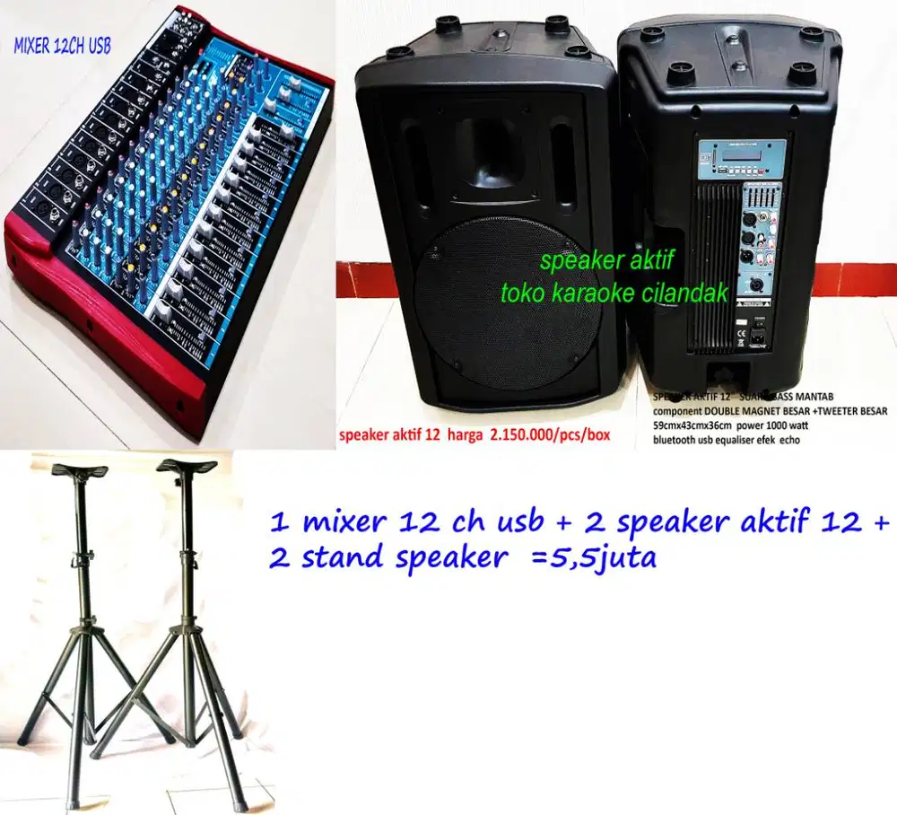 paket speaker karaoke mixer 12 chennel , stand , speaker pasif 12 inch
