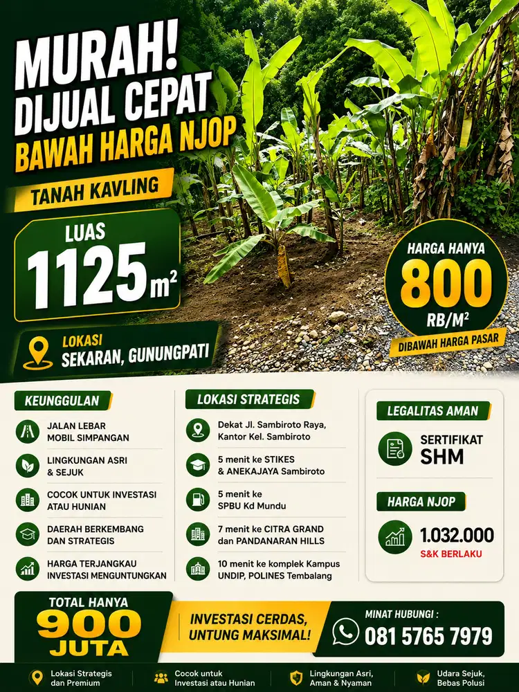 DIJUAL TANAH SEKARAN GUNUNGPATI MURAH DIBAWAH NJOP CEPAT SEGERA