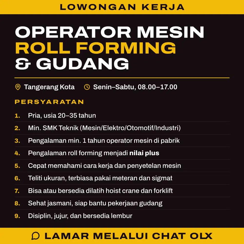 Operator Mesin Roll Forming & Gudang - Tangerang Kota