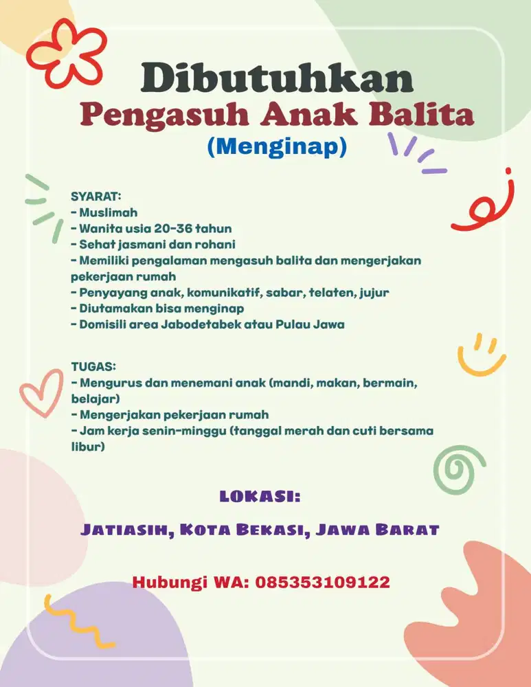 Dibutuhkan Pengasuh Anak Balita (Menginap)