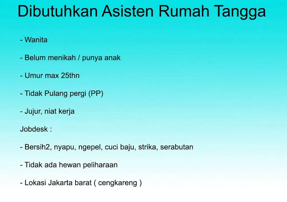 DIBUTUHKAN ASISTEN RUMAH TANGGA (ART)