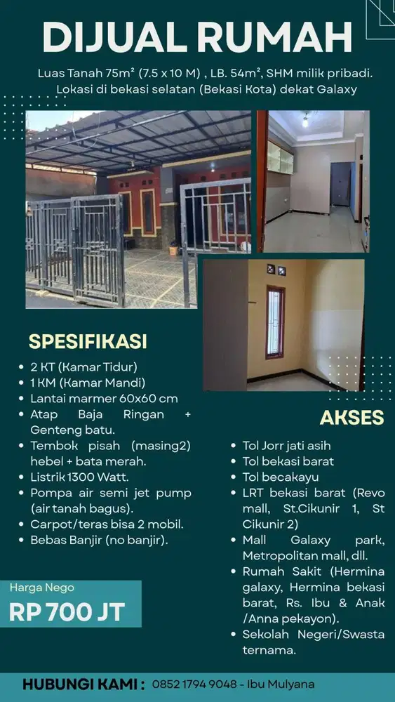 Dijual Rumah bebas Banjir dekat Perumahan Galaxy City