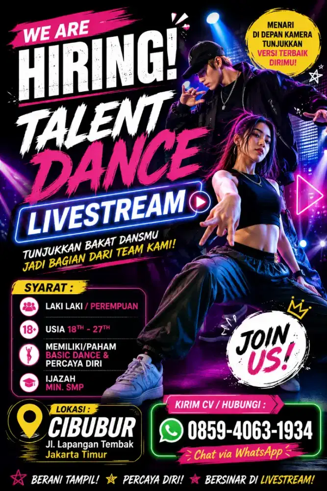 Dibutuhkan TALENT DANCE LIVESTREAM Urgent Langsung Interview