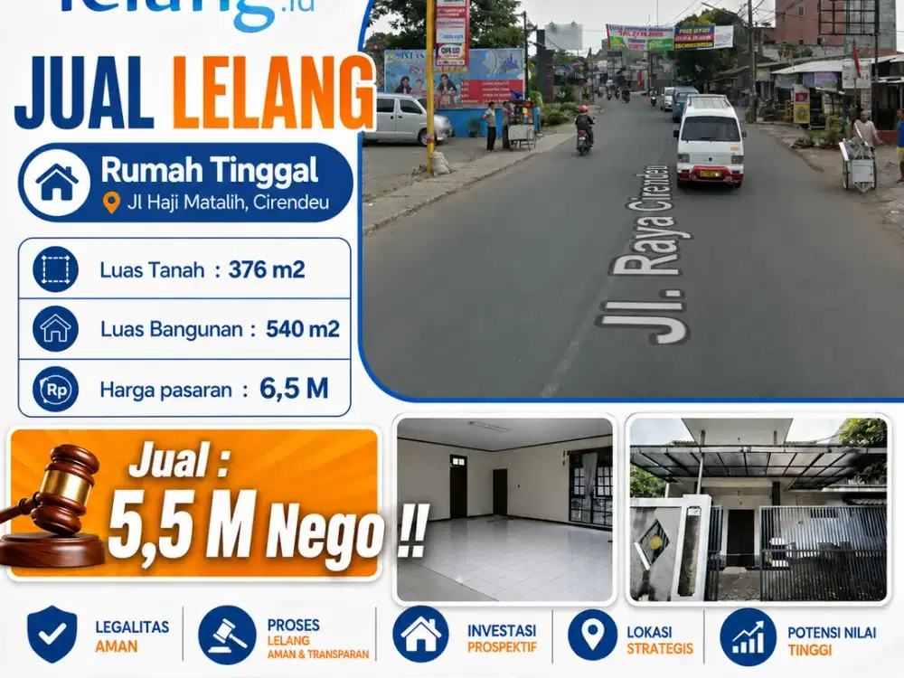 Dijual Aset Lelang Rumah Cirendeu 2Lantai Harga Jual 5,5 M Pasaran Masih 6,5 M Lokasi Strategis NEGO!!