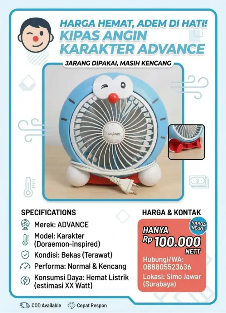 Kipas Angin Advans Bekas Karakter Doraemon
