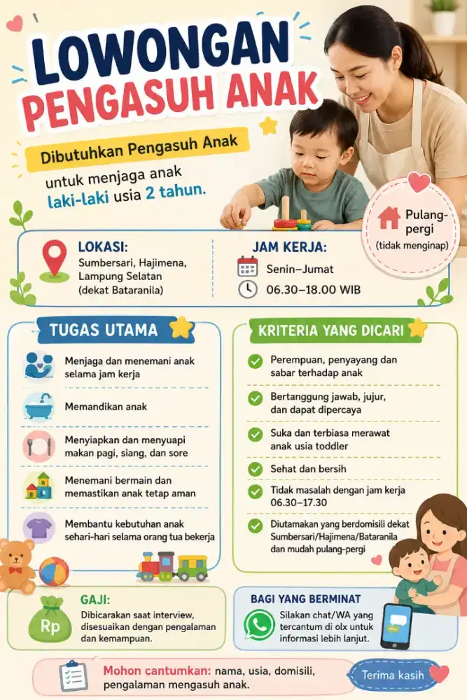 Lowongan pengasuh Pulang Pergi daerah Hajimena