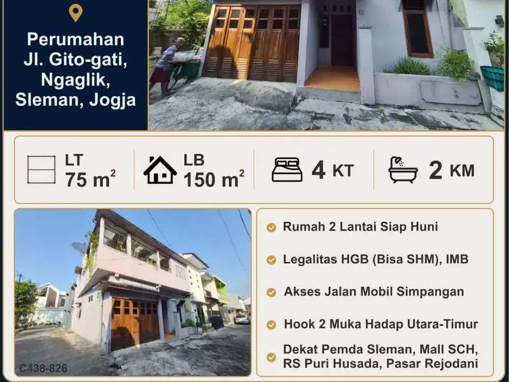 LT 75 RUMAH 2 LT DALAM PERUMAHAN GRIYA TAMAN ASRI JL GITO GATI DEKAT MASJID SUCIATI, MALL SCH, JL MAGELANG, JL PALAGAN, PASAR REJODANI, PEMDA SLEMAN