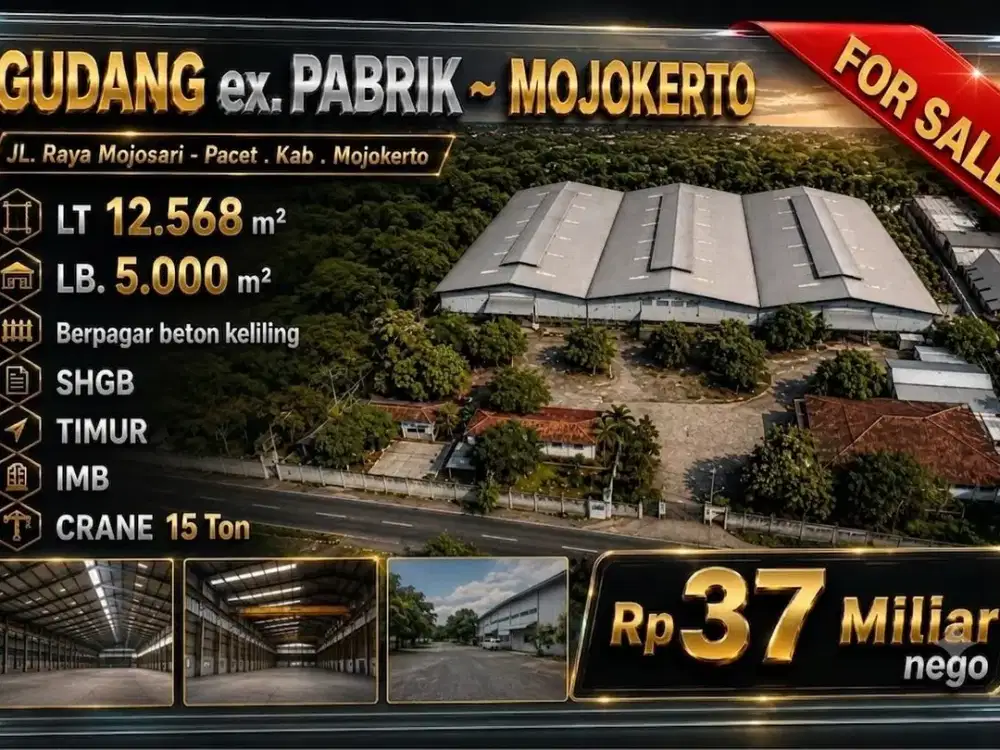 Gudang  x pabrik di Raya mojosari pacet mojokerto ada crane 15 Ton