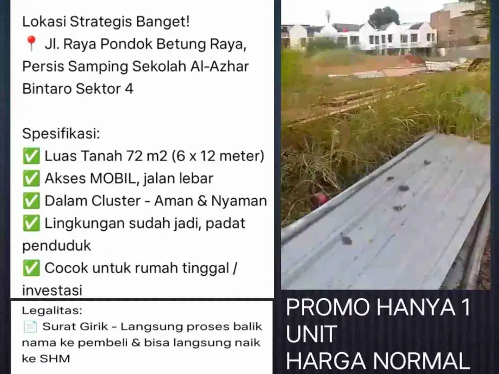 dijual cepet tanah dalam cluster akses mobil murah