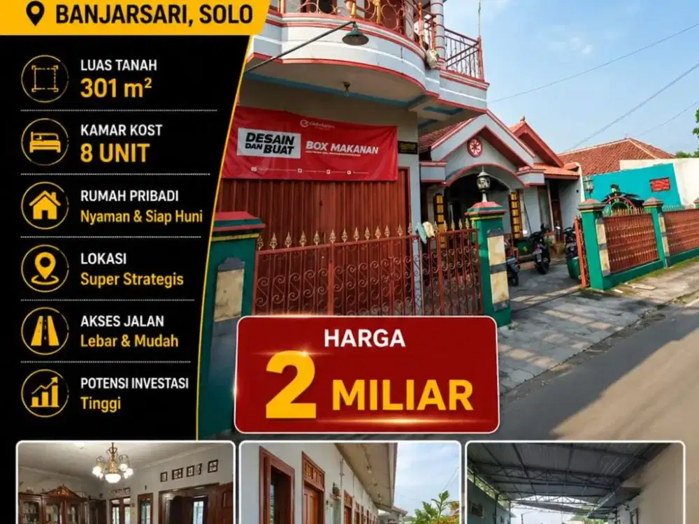 Dijual Rumah + Kost 8 Unit Siap Pakai,Lokasi Super Strategis Banjarsari,Solo Luas 301m2