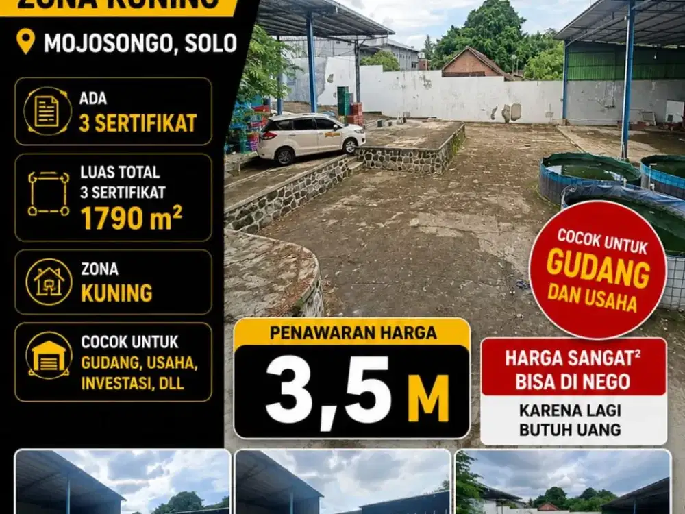 Dijual Tanah Pekarangan Zona Kuning Lokasi Mojosongo,Solo Luas 1790m2