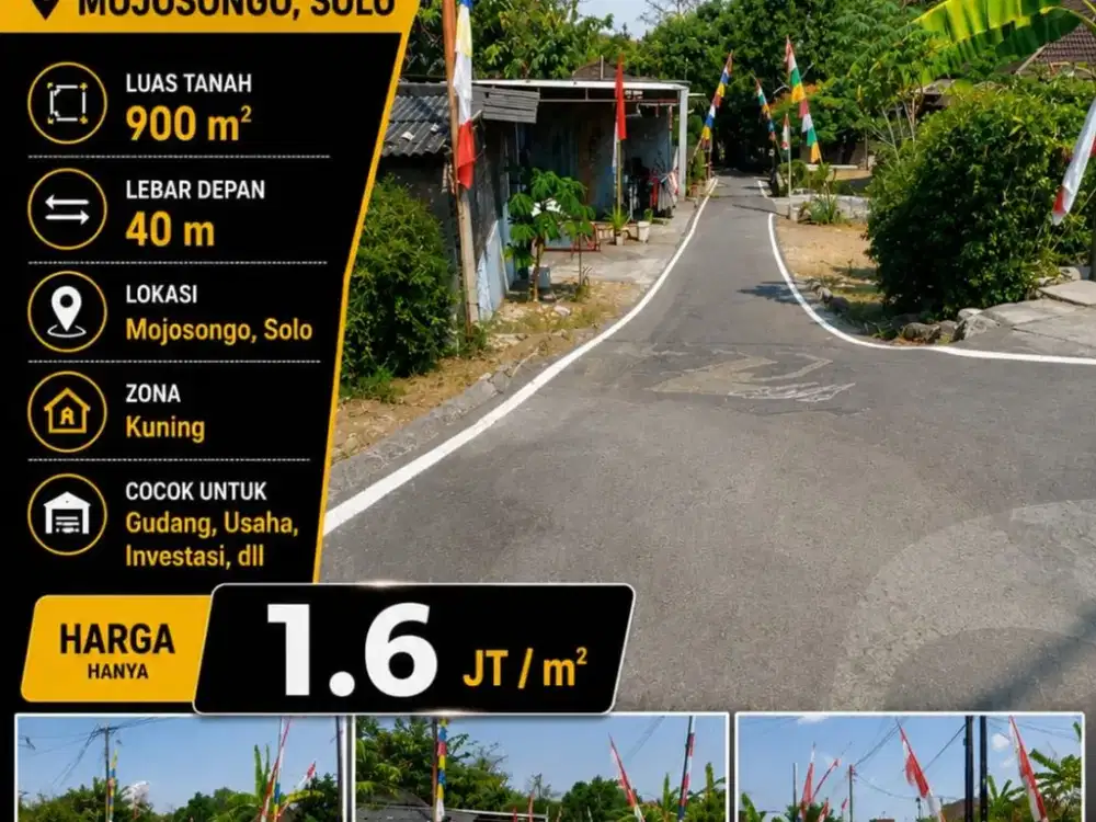Dijual Tanah Pekarangan Zona Kuning Lokasi Super Strategis Mojosongo,Solo Luas 900m2