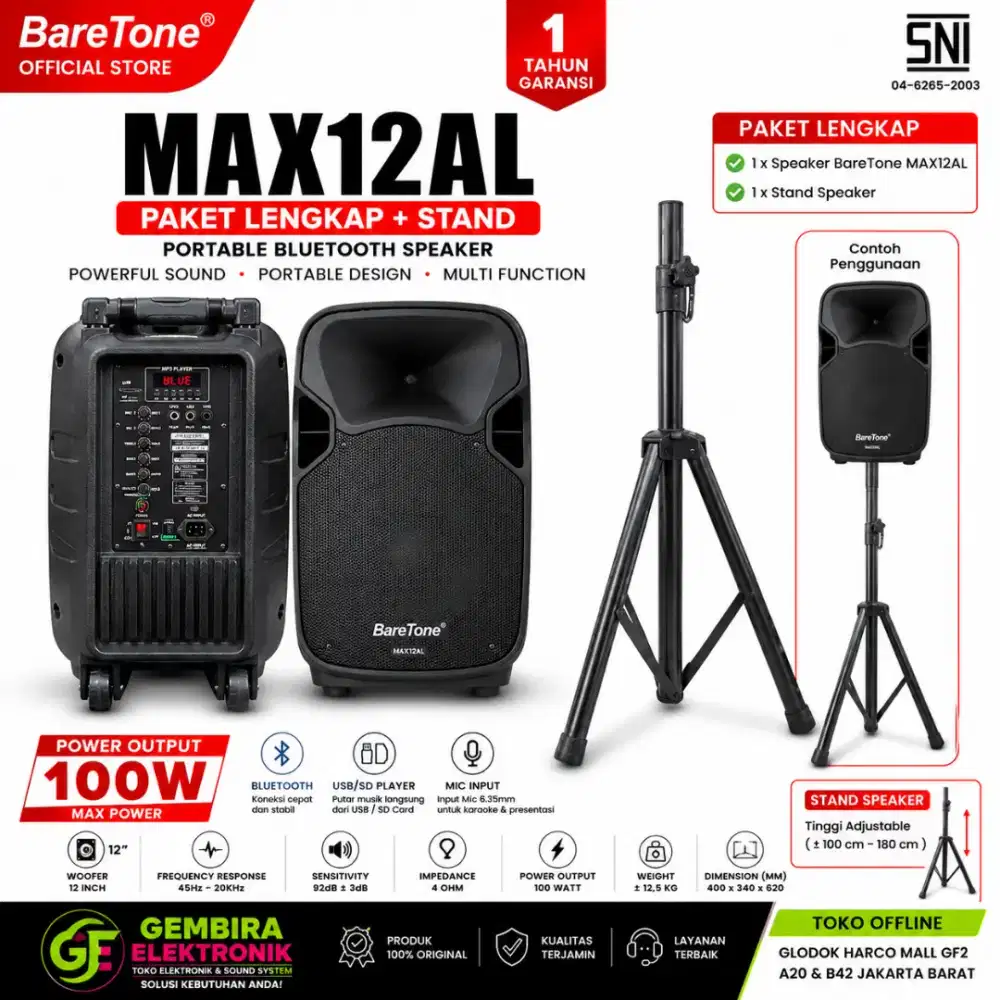 Speaker Aktif Portable Baretone MAX12AL 12 Inch Bluetooth Usb Original