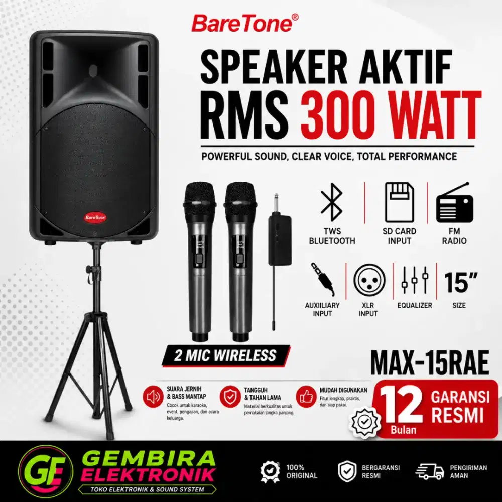 Paket Speaker Aktif Baretone 15 MAX15RAE + 2 Mic Wireless + Tripod