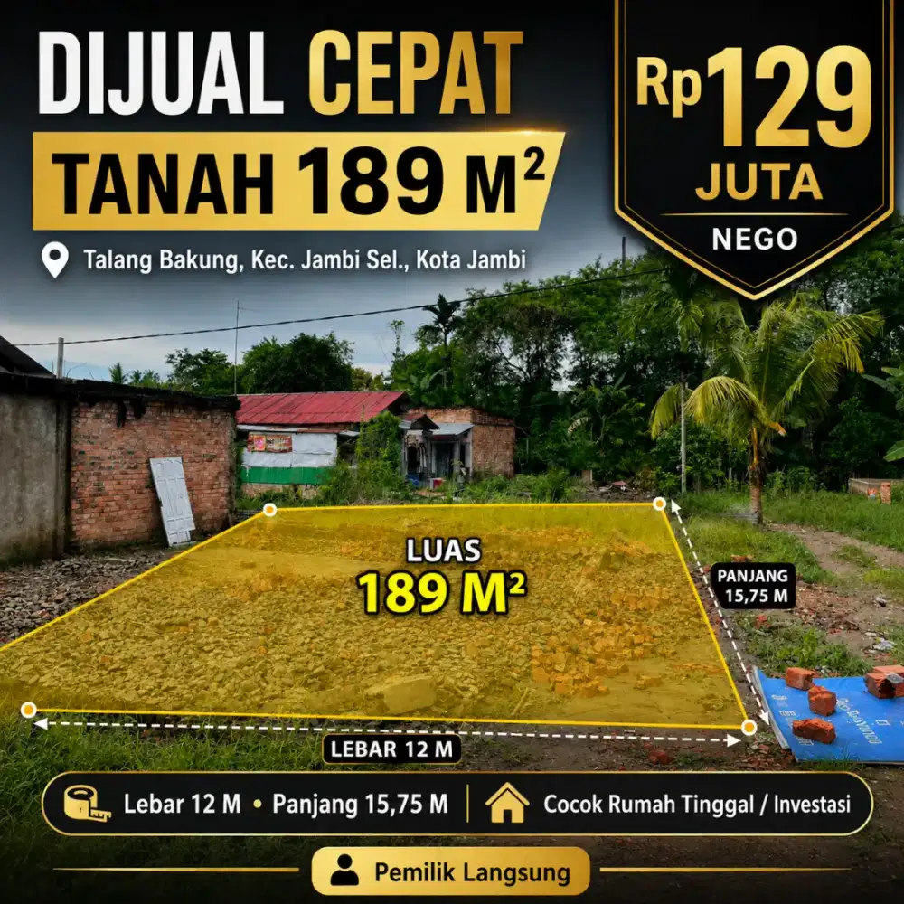 DIJUAL TANAH 189 M² LOKASI STRATEGIS PELITA RAYA JAMBI – DEKAT SEKOLAH