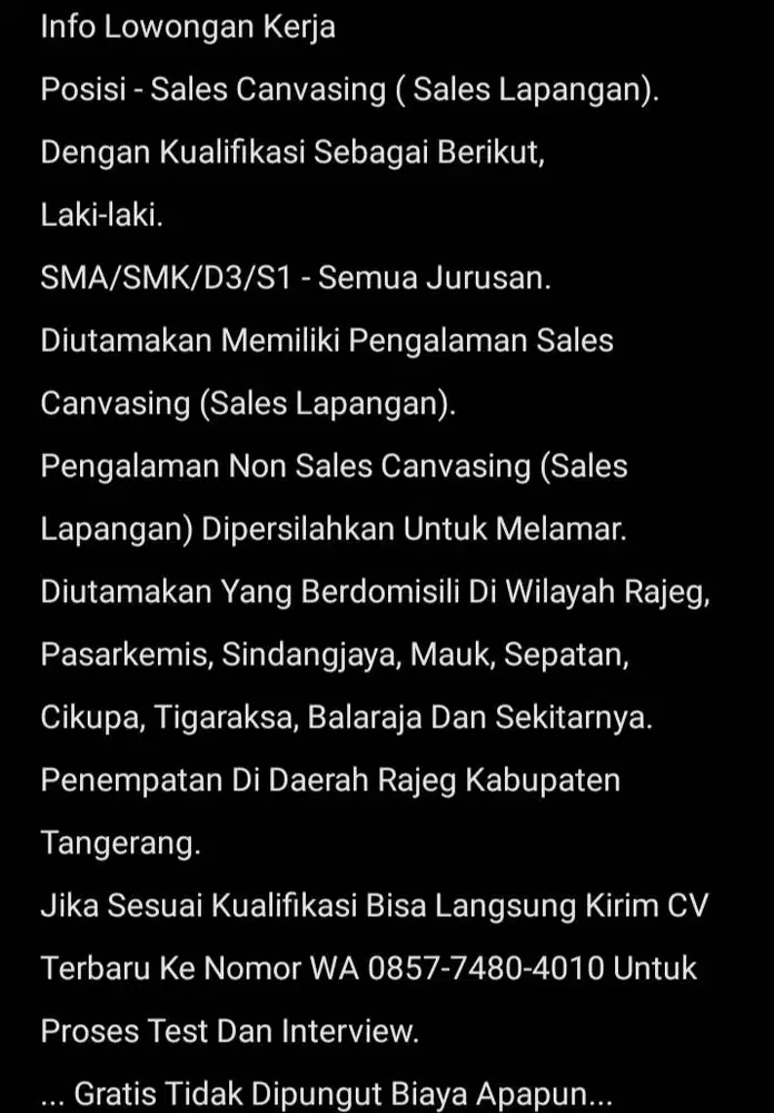 Lowongan Kerja Sales Canvasing (Sales Lapangan)