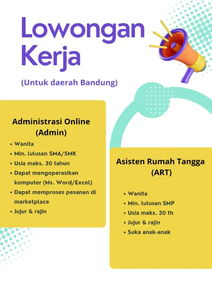 Dibutuhkan Admin Online & ART untuk Daerah Bandung