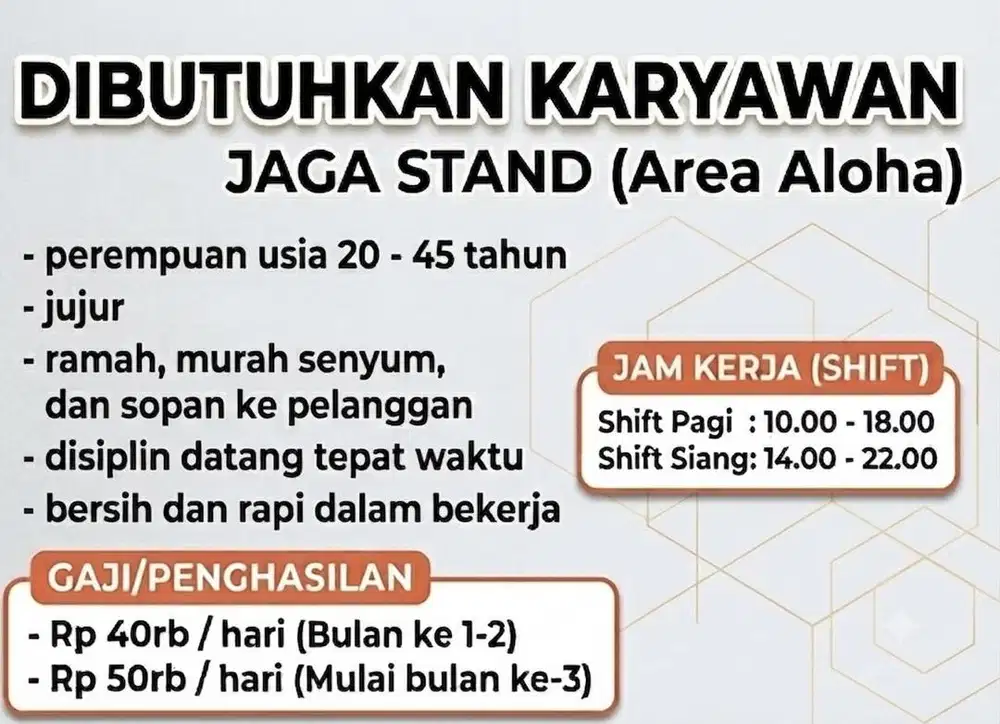 Dicara karyawan jaga stand makanan di daerah aloha