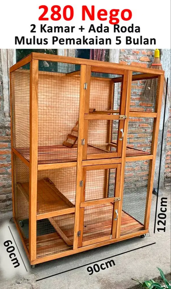 Kandang Kucing Anjing Besar Roda 2 tingkat 120x90x60cm