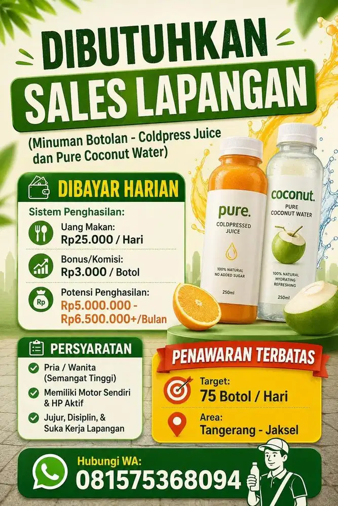 Dibutuhkan Sales Lapangan Minuman Botolan Coldpress Dan Coconut Water