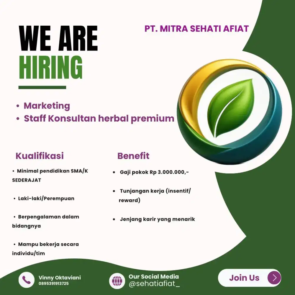 Dibutuhkan segera staff konsultan herbal