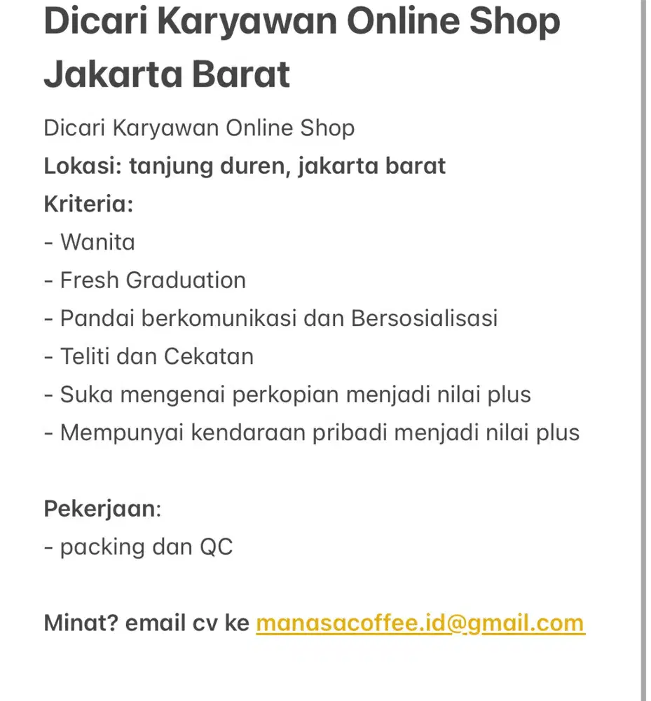 Dicari Karyawan Online Shop Jakarta Barat