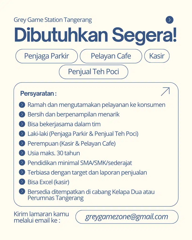 LOWONGAN PELAYAN CAFE, PENJAGA PARKIR, PENJUAL TEH POCI & KASIR