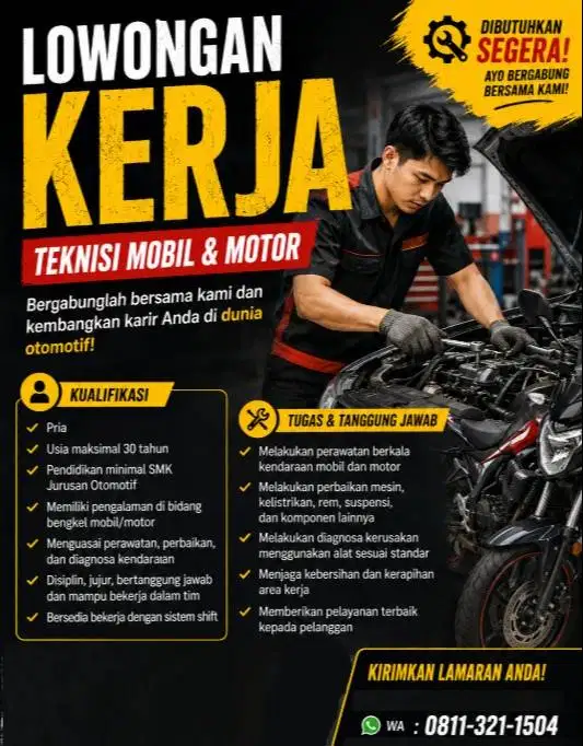 LOWONGAN KERJA BAGI TEKNISI MOBIL - BENGKEL