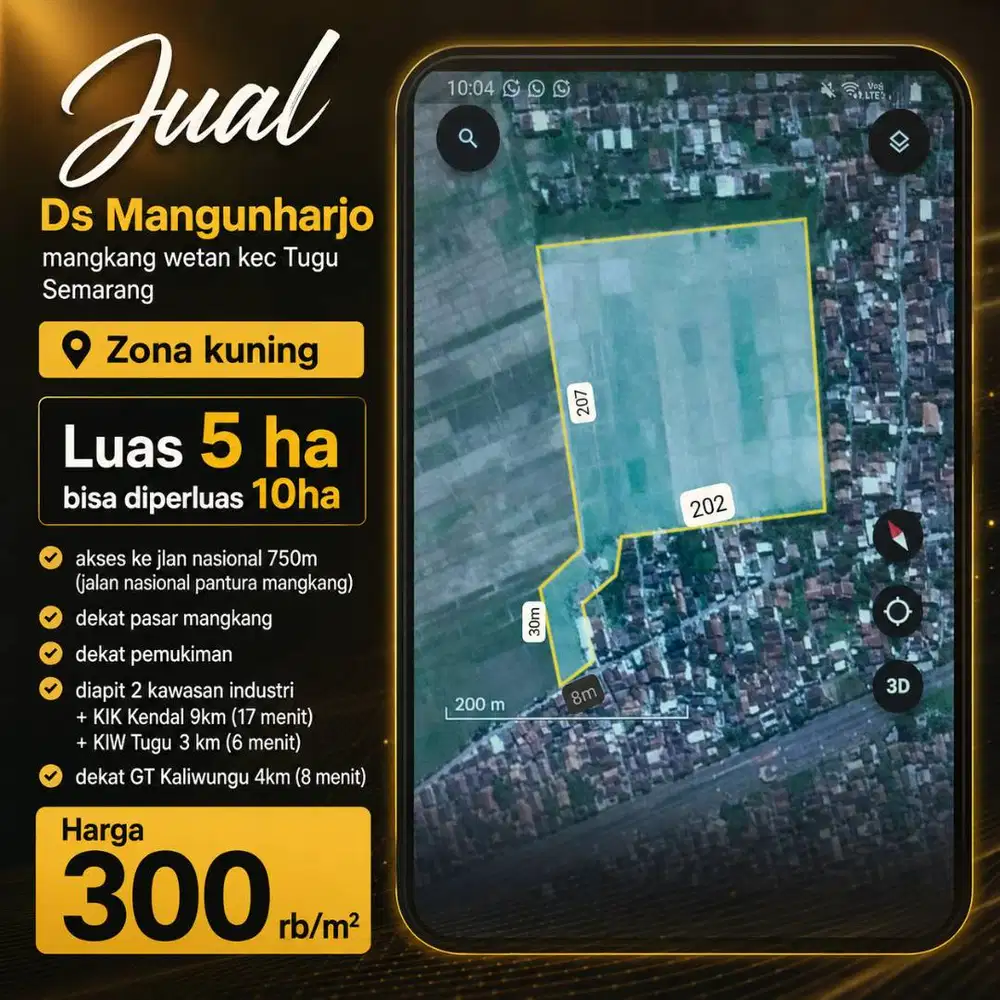 DIJUAL TANAH MANGUNHARJO ZONA KUNING 10HEKTAR MURAH CEPAT SEGERA