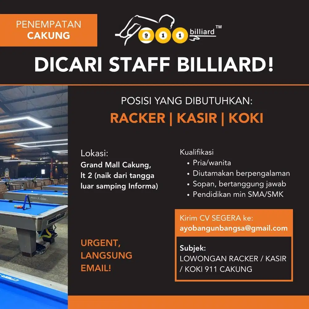 Lowongan Kerja Racker/Kasir/Koki 911 Billiard Cakung