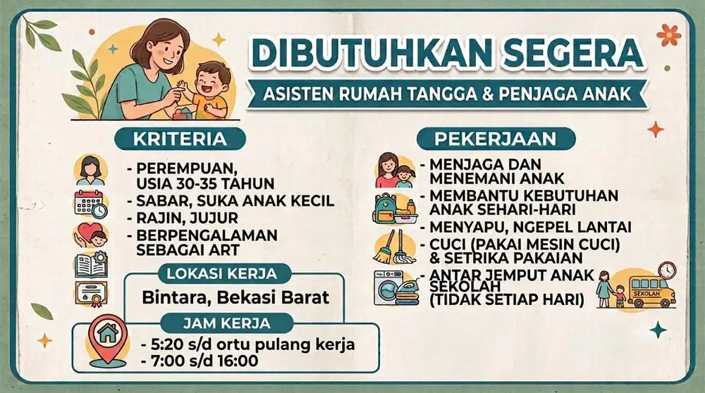 Lowongan Pekerjaan ART dan momong anak