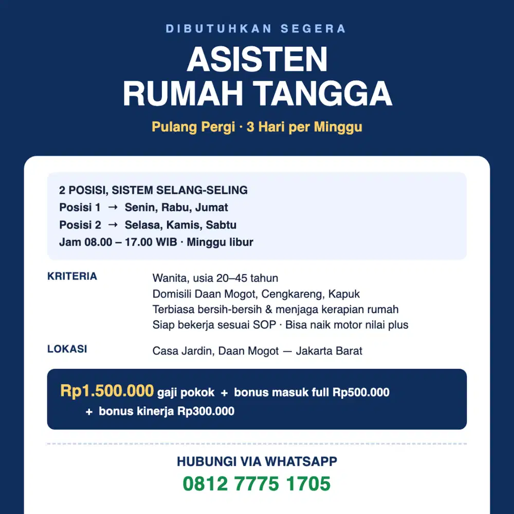 Dibutuhkan ART Pulang Pergi 3 Hari/Minggu - Daan Mogot Jakbar