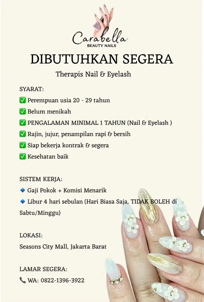Info segera lowongan kerja thrapis nail/eyelash